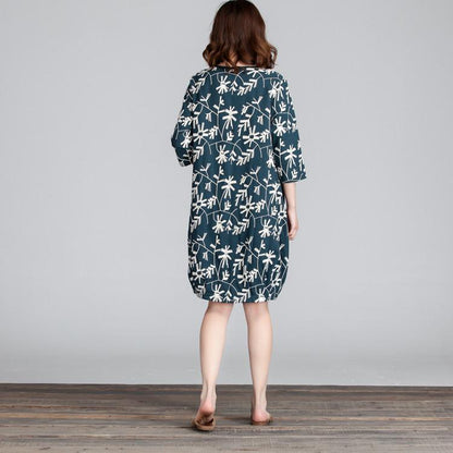Spring Embroidered Round Neck Women Green Dress