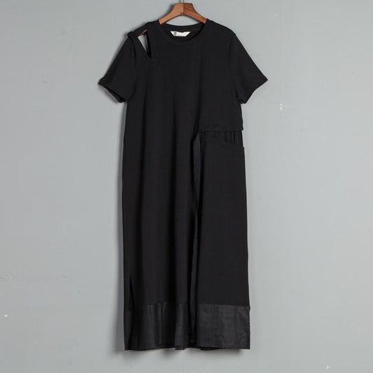 Short Sleeve Slit Round Neck Belt Black Dress