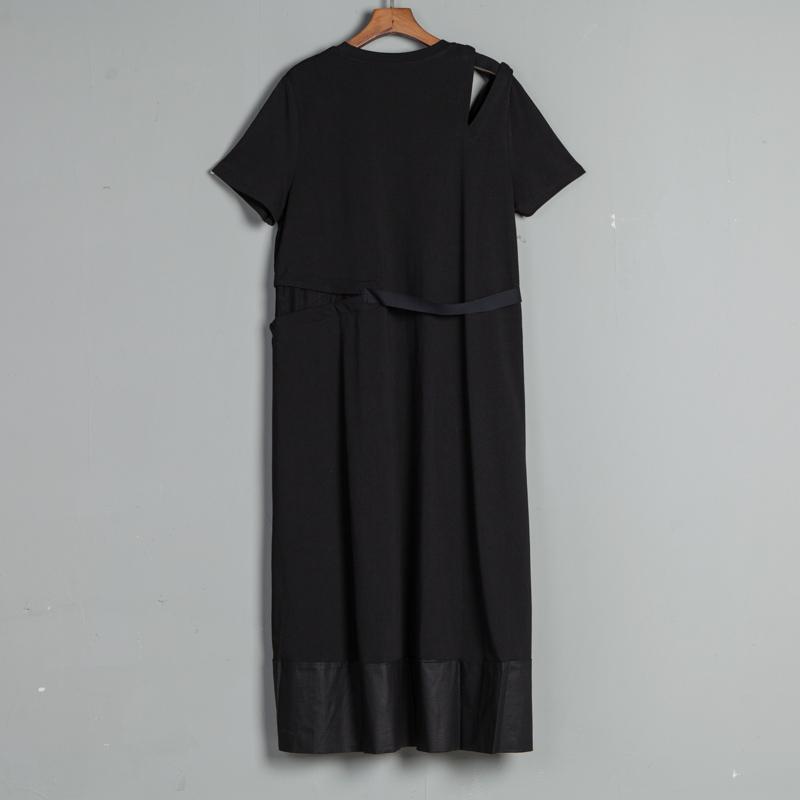 Short Sleeve Slit Round Neck Belt Black Dress