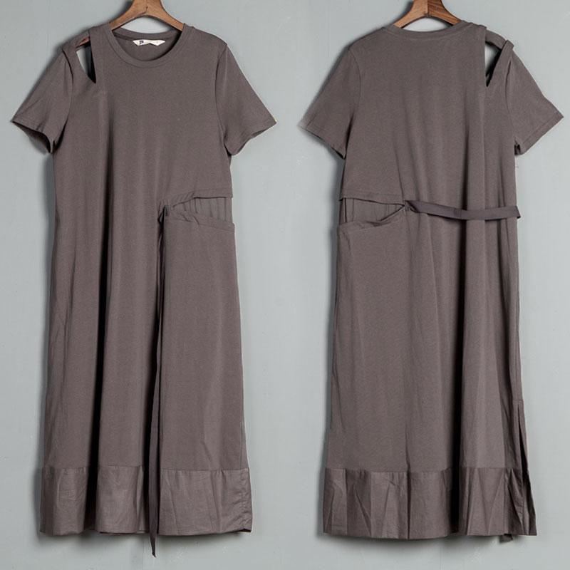 Short Sleeve Slit Round Neck Belt Gray Dress