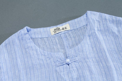 Round Neck Short Sleeve Pockets Stripe Blue Dress
