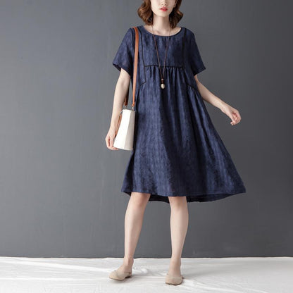 Round Neck Short Sleeve Navy Blue Pleated Dress