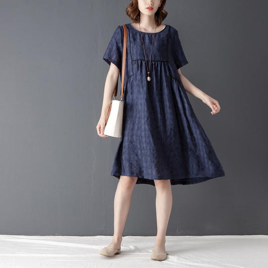 Round Neck Short Sleeve Navy Blue Pleated Dress