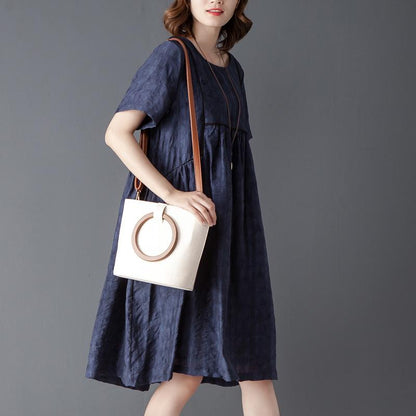 Round Neck Short Sleeve Navy Blue Pleated Dress