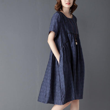 Round Neck Short Sleeve Navy Blue Pleated Dress