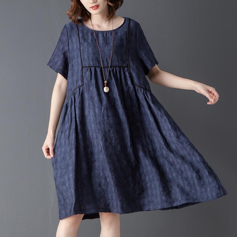 Round Neck Short Sleeve Navy Blue Pleated Dress