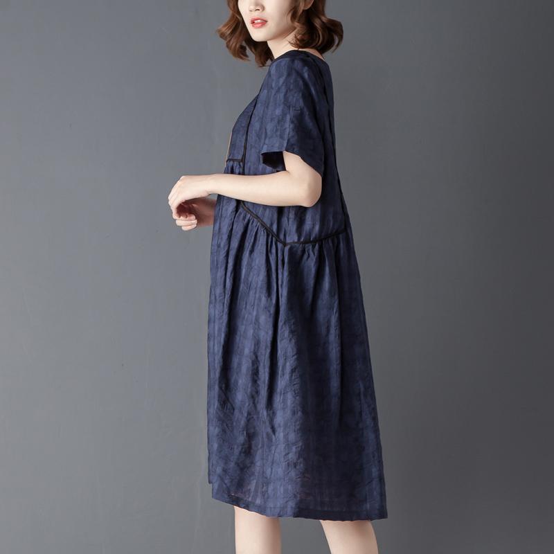 Round Neck Short Sleeve Navy Blue Pleated Dress