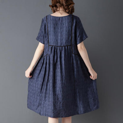 Round Neck Short Sleeve Navy Blue Pleated Dress