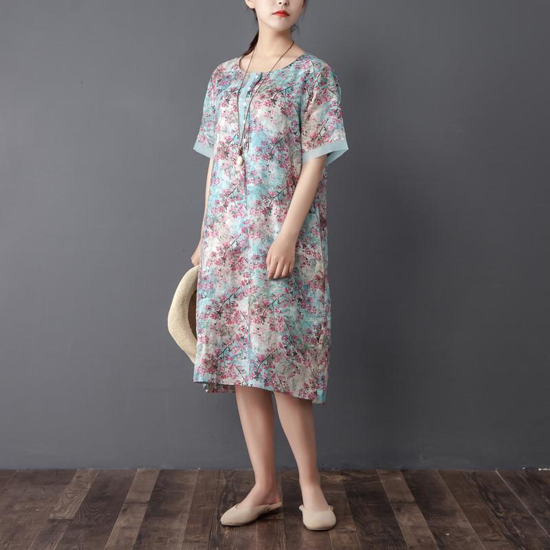 Women Retro Round Neck Short Sleeve Printed Dress