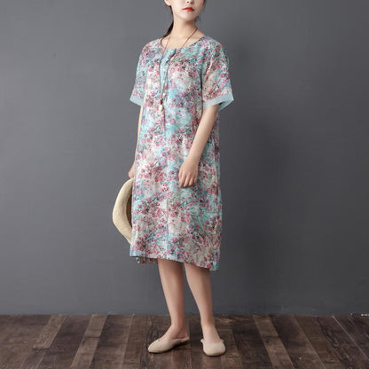 Women Retro Round Neck Short Sleeve Printed Dress