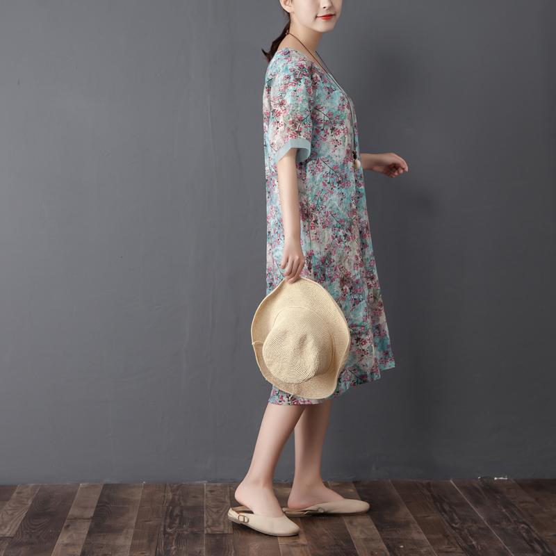 Women Retro Round Neck Short Sleeve Printed Dress