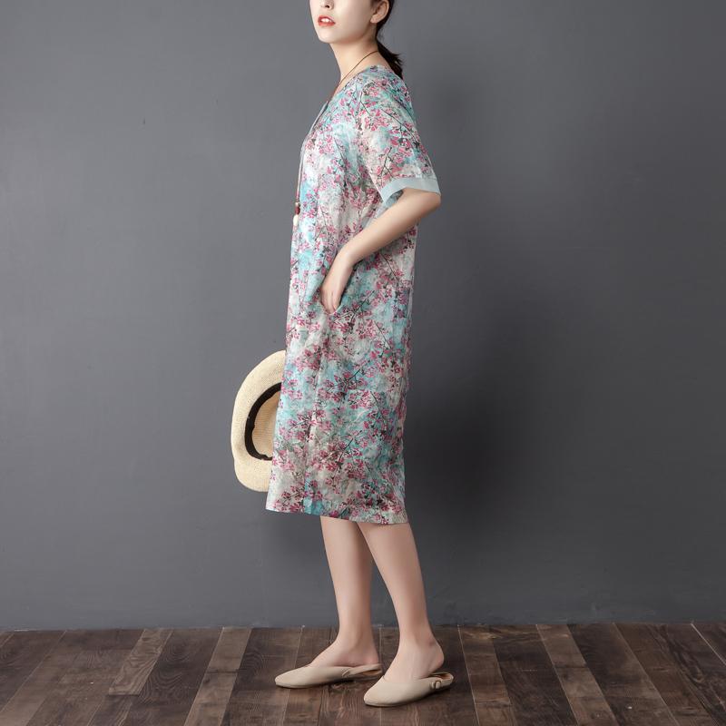 Women Retro Round Neck Short Sleeve Printed Dress