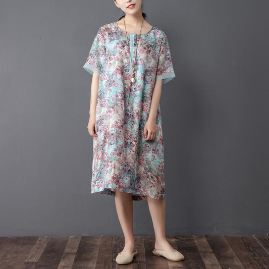 Women Retro Round Neck Short Sleeve Printed Dress