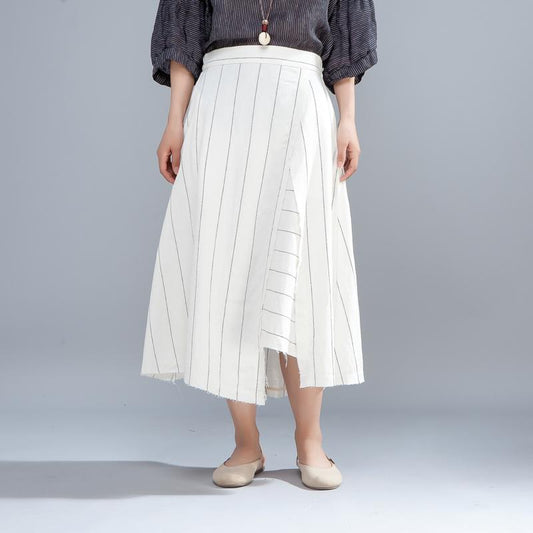 Loose Stripe Women Casual Calf Length White Skirts