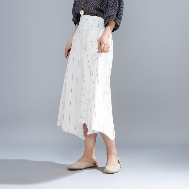 Loose Stripe Women Casual Calf Length White Skirts