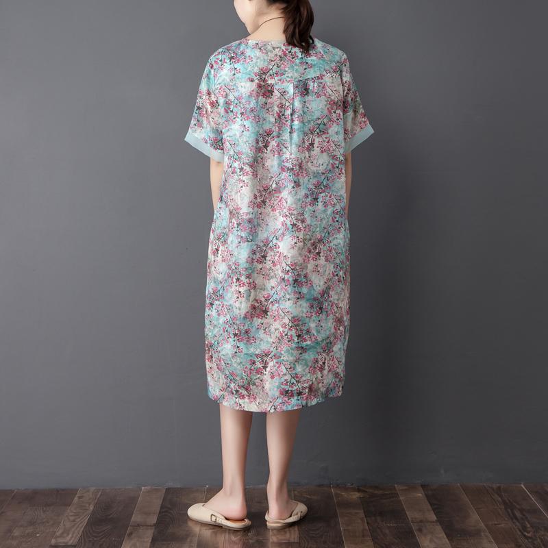 Women Retro Round Neck Short Sleeve Printed Dress