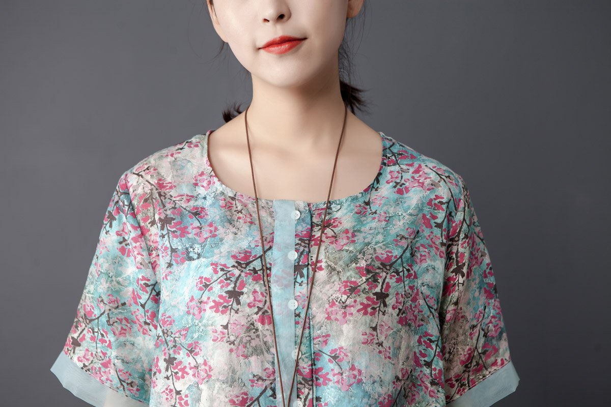 Women Retro Round Neck Short Sleeve Printed Dress