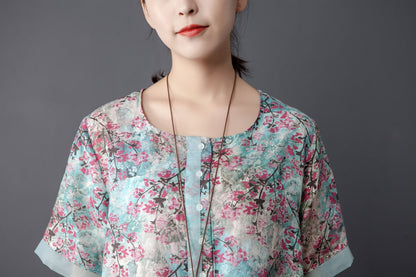 Women Retro Round Neck Short Sleeve Printed Dress