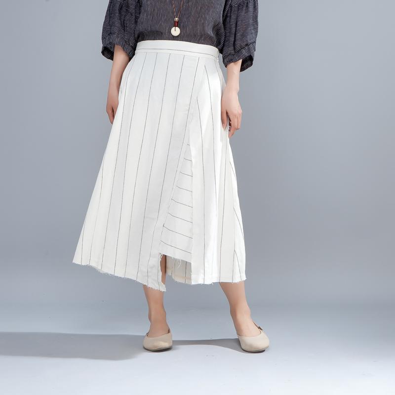 Loose Stripe Women Casual Calf Length White Skirts
