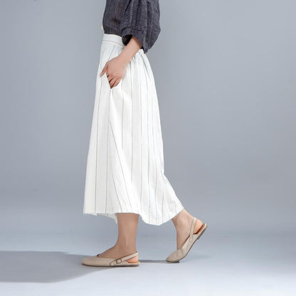 Loose Stripe Women Casual Calf Length White Skirts
