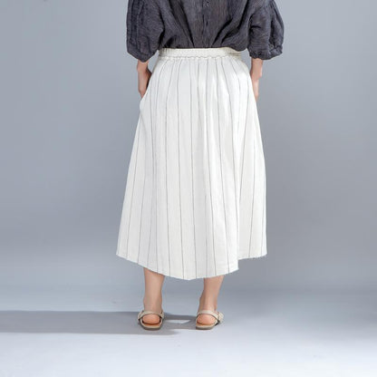 Loose Stripe Women Casual Calf Length White Skirts