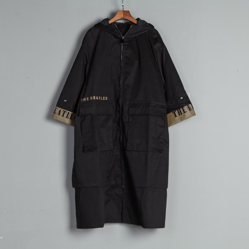 Winter Long Sleeve Casual Pockets  Black Long Hooded Jacket