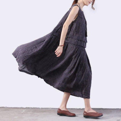 Folded Splicing Stripe Women Dark Blue Vest Dress
