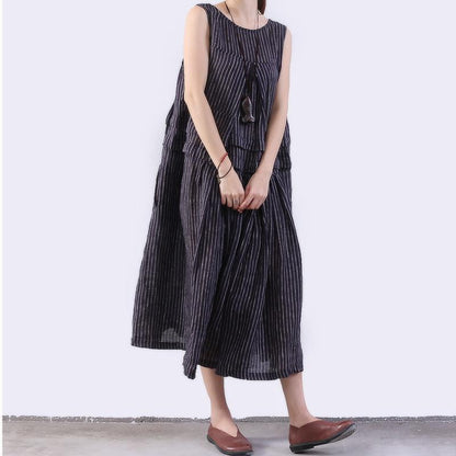 Folded Splicing Stripe Women Dark Blue Vest Dress