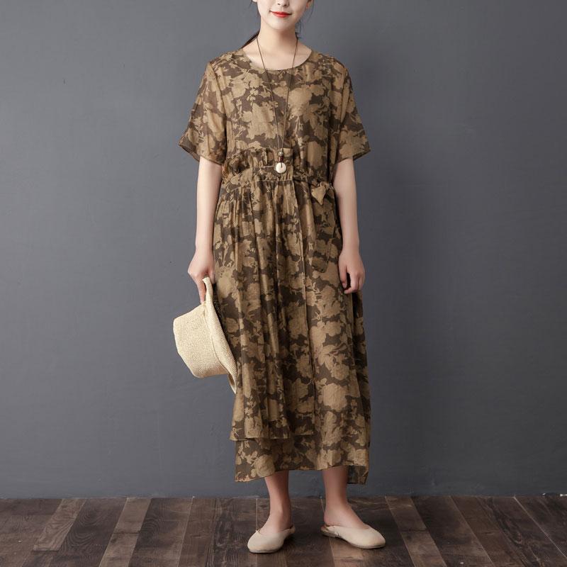 Women Two Pieces Set Short Sleeve Printed Brown Dress