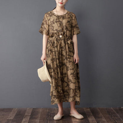 Women Two Pieces Set Short Sleeve Printed Brown Dress