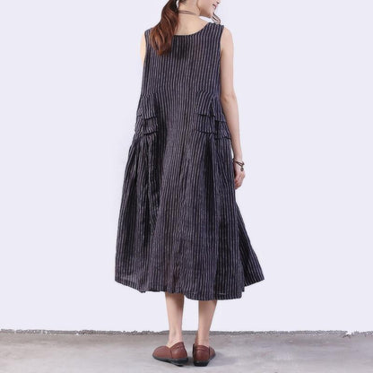 Folded Splicing Stripe Women Dark Blue Vest Dress