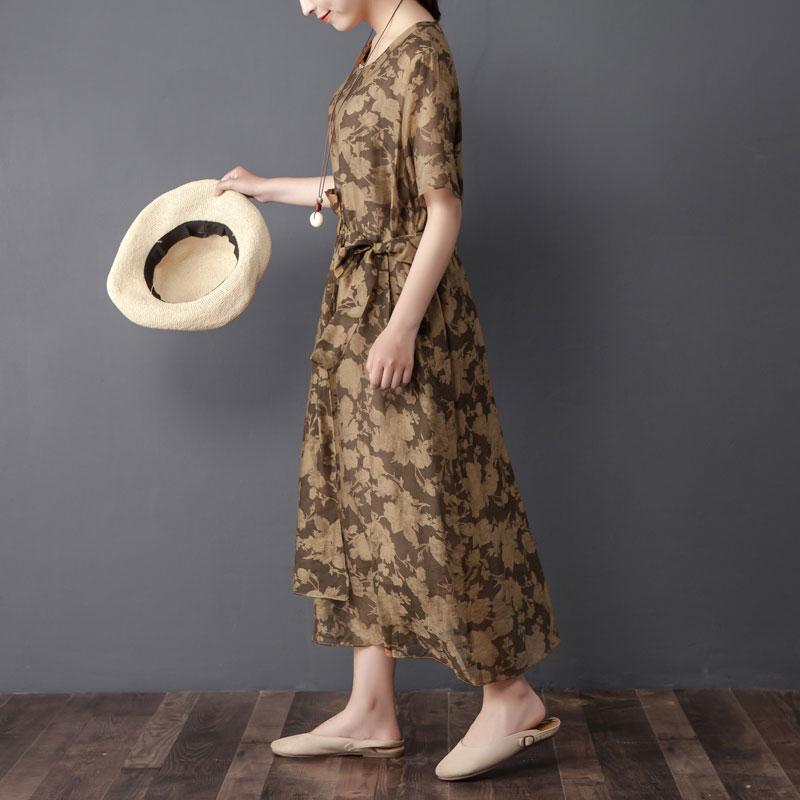 Women Two Pieces Set Short Sleeve Printed Brown Dress