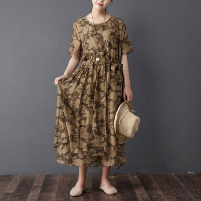 Women Two Pieces Set Short Sleeve Printed Wine Red Dress