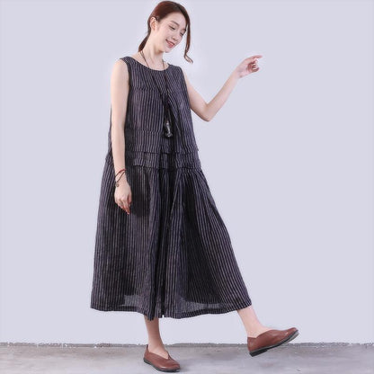 Folded Splicing Stripe Women Dark Blue Vest Dress