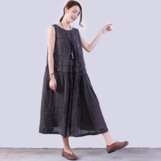 Folded Splicing Stripe Women Dark Blue Vest Dress