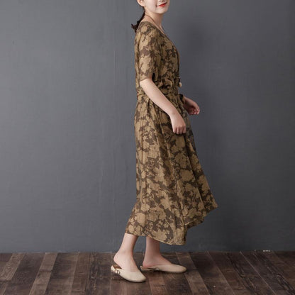 Women Two Pieces Set Short Sleeve Printed Brown Dress