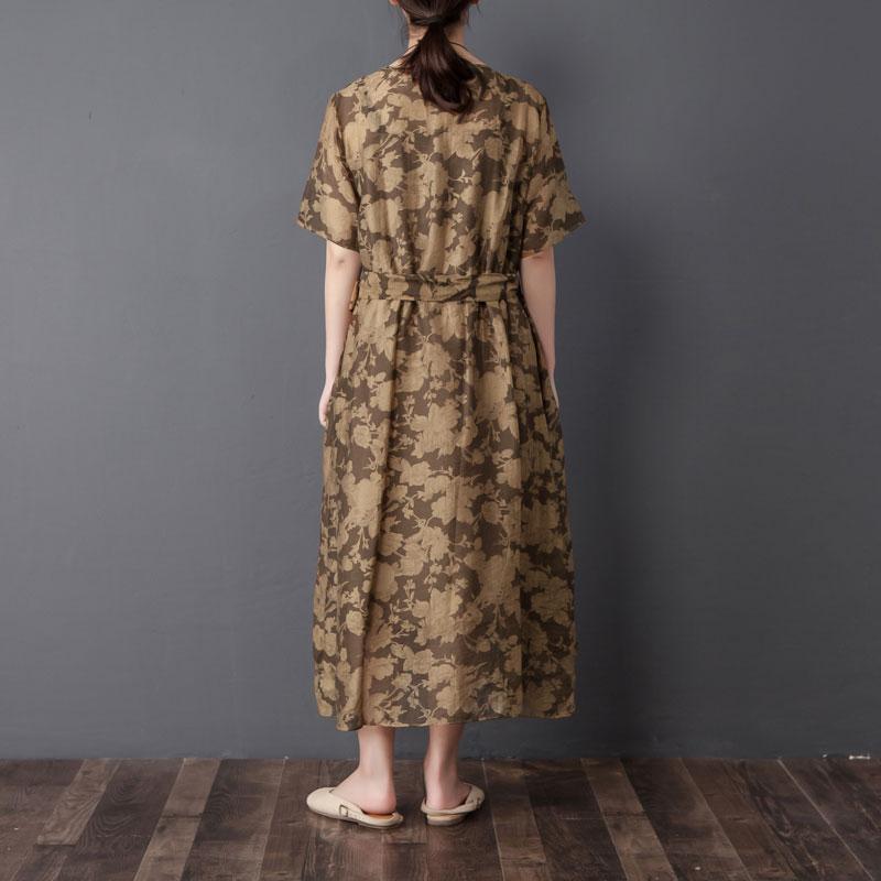 Women Two Pieces Set Short Sleeve Printed Brown Dress