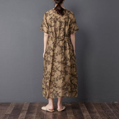 Women Two Pieces Set Short Sleeve Printed Brown Dress