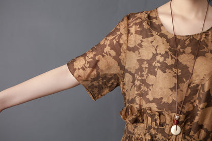 Women Two Pieces Set Short Sleeve Printed Wine Red Dress