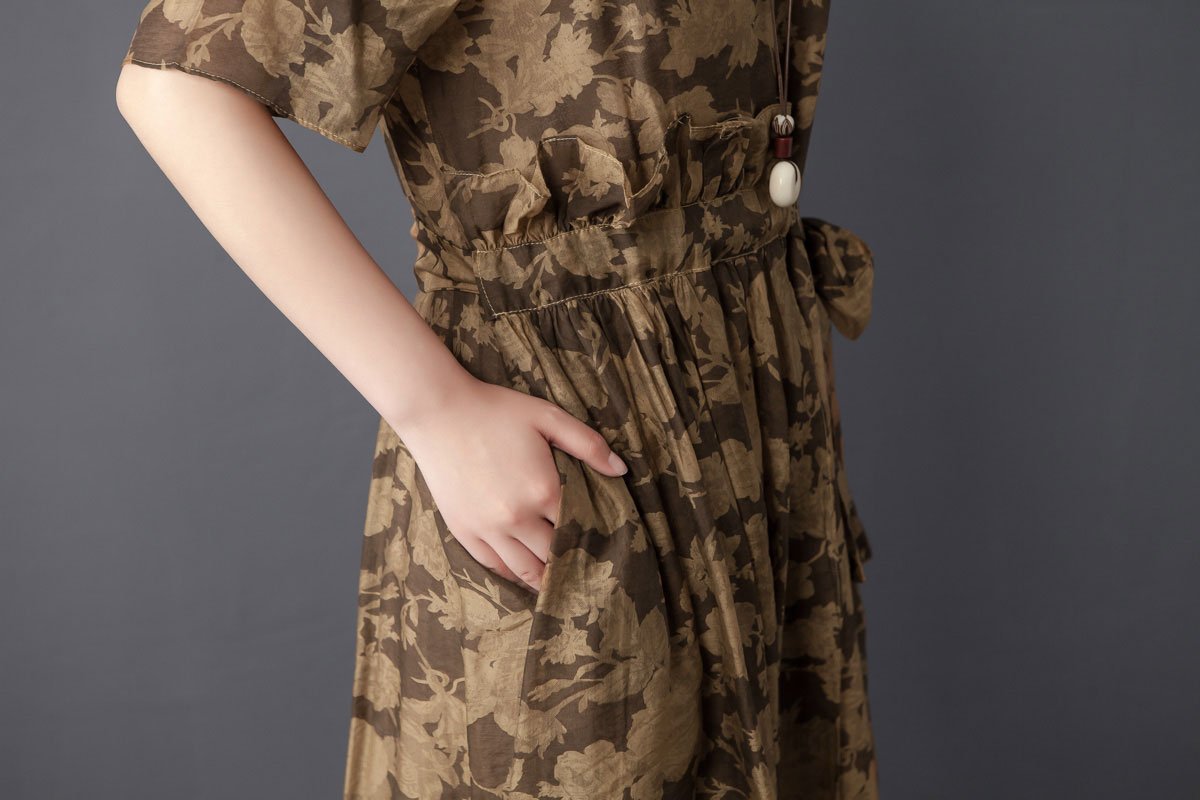 Women Two Pieces Set Short Sleeve Printed Brown Dress