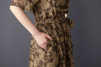 Women Two Pieces Set Short Sleeve Printed Brown Dress