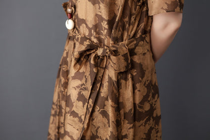 Women Two Pieces Set Short Sleeve Printed Wine Red Dress