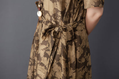 Women Two Pieces Set Short Sleeve Printed Brown Dress