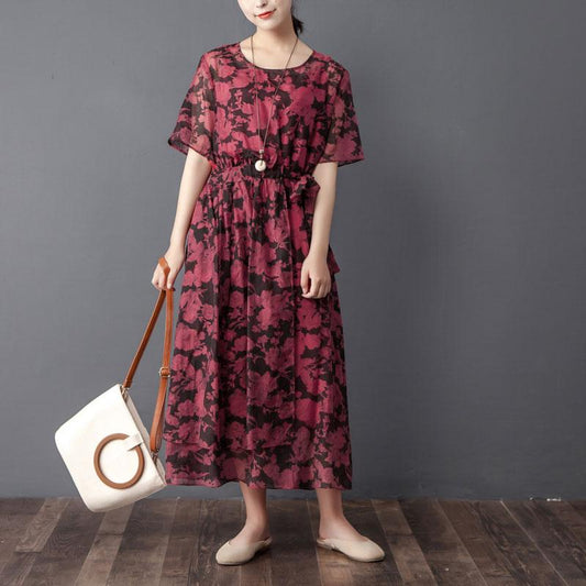 Women Two Pieces Set Short Sleeve Printed Wine Red Dress