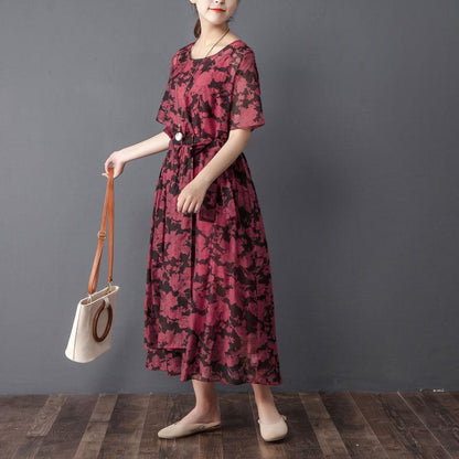 Women Two Pieces Set Short Sleeve Printed Wine Red Dress