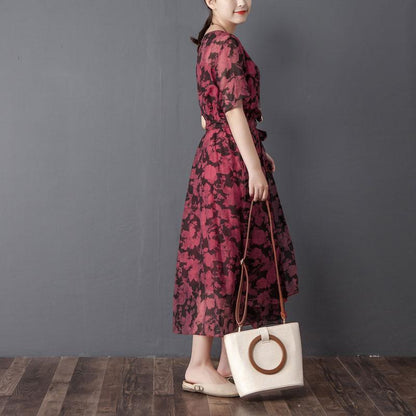 Women Two Pieces Set Short Sleeve Printed Wine Red Dress