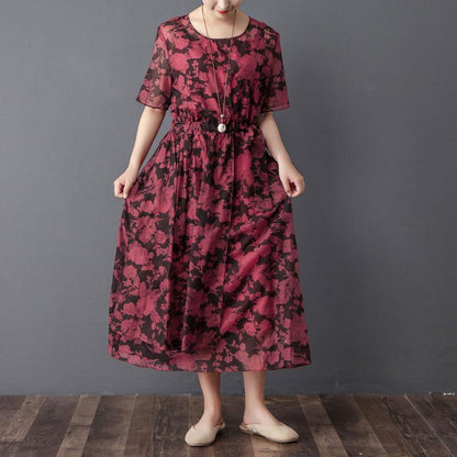 Women Two Pieces Set Short Sleeve Printed Wine Red Dress