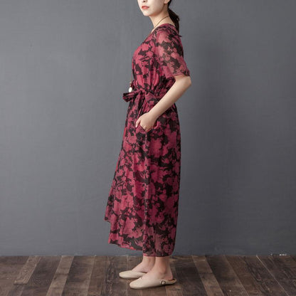 Women Two Pieces Set Short Sleeve Printed Wine Red Dress