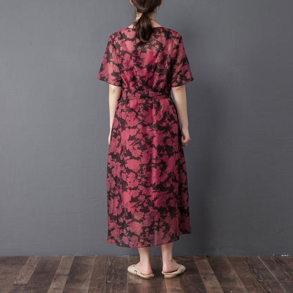 Women Two Pieces Set Short Sleeve Printed Wine Red Dress