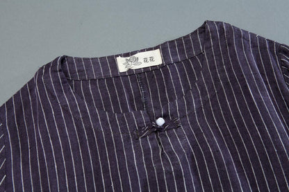Round Neck Short Sleeve Pockets Stripe Dress